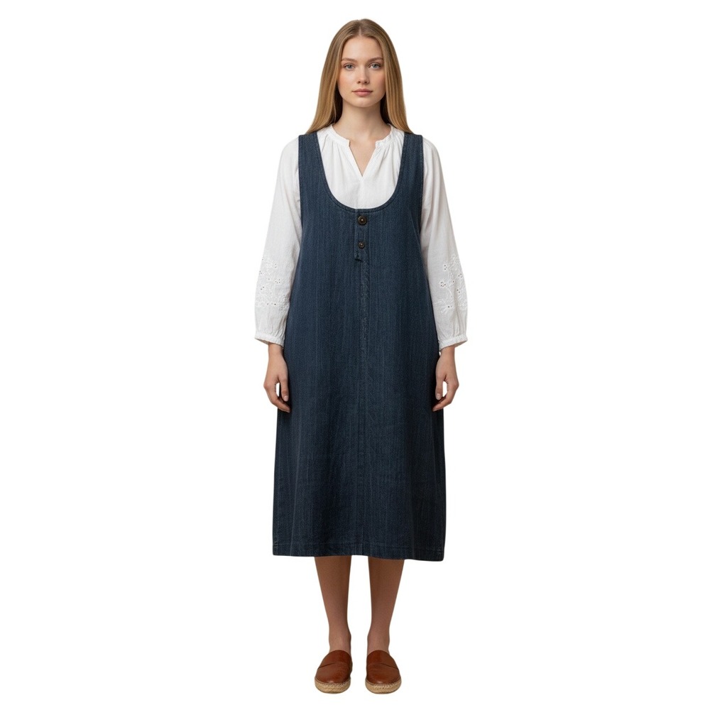 Camp Beverly Hills Vintage Denim Jumper Dress Dark Wash Sleeveless Midi Blue